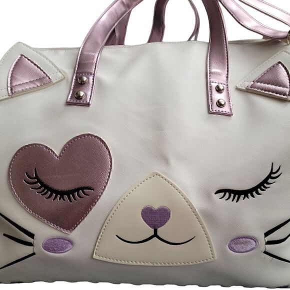 Underonesky White &  Metallic Pink Kitty Cat Weekender Travel Vacation Bag - Picture 2 of 12